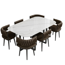 MODEL – MEZZON SET 6X SMEĐA STOLICA PU + BIJELI KAMENI STOL