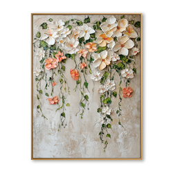 Falling Blossom Grace – Textured Floral Oil Painting, Hand-Painted Cascading Flower Wall Art