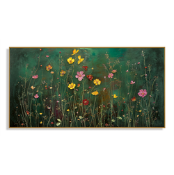 Golden Petal Reverie Panoramic Floral Wall Art Hand Painted Wildflower Canvas