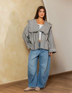Sailor Collar Linen Jacket – Grey Stripe
