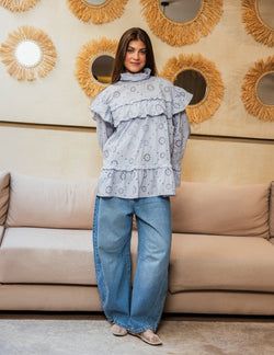 Ruffle Broderie Blouse – Light Blue