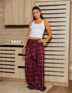 Plaid Tie Pants – Burgundy