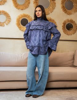 Ruffle Broderie Blouse – Blue