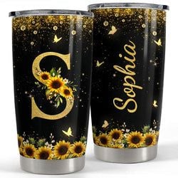 Personalized Tumbler – Initial Monogrammed Letter Sunflower