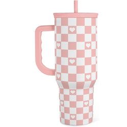 40oz Checkered and Heart Tumbler with Handle and Straw - Insulated Stainless Steel Travel Coffee Mug for Women Girls, Gift for Birthday, Christmas