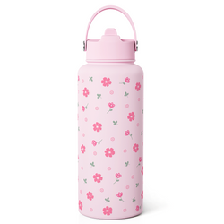 Straw Lid Water Bottle 32oz – Pink Floral Daisy