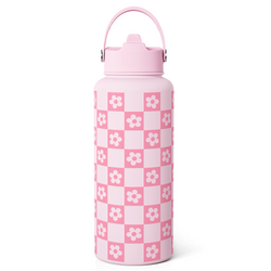 Straw Lid Water Bottle 32oz – Pink Checker Daisy