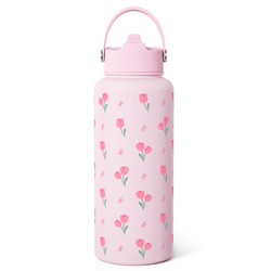Straw Lid Water Bottle 32oz – Pink Floral Tulip