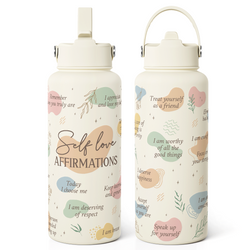 Straw Lid Water Bottle 32oz – "Self Love Affirmation" Beige Inspiration