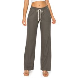 Sksloeg Linen Pants Women Summer Tall Inseam Oceanside Solid Smocked Waist  Lounge Beach Trousers with Pockets,Khaki S