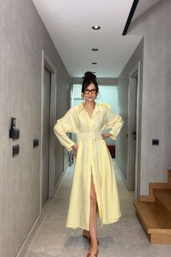 İthal Kemerli Maxi Elbise – Sarı