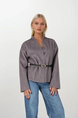 Kemerli Kaşe Kimono – Gri