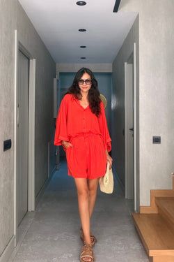 Tensel Şortlu Oversize Takım – Nar Çiçeği
