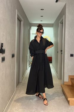 İthal Kemerli Maxi Elbise – Siyah