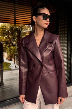 Dikiş Detaylı Suni Deri Ceket – Bordo