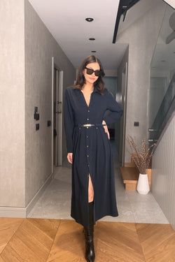 Kemerli Maxi Elbise – Lacivert