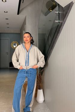 Taşlı Kot Detaylı Eşofman Takım – Bej