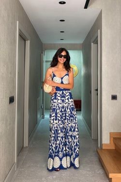 Desenli Maxi Elbise – Mavi