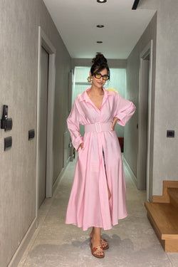 İthal Kemerli Maxi Elbise – Pembe