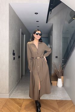 Kemerli Maxi Elbise – Vizon