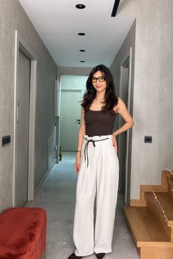 Kuşgözlü Kemerli Tensel Pantolon – Beyaz