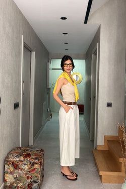 Kemerli Bermuda Pantolon – Ekru