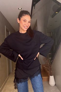 Dantel Detay Uzun Sweat – Siyah