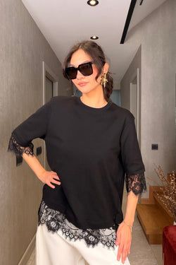Sırtı Dantelli Tshirt – Siyah