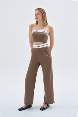 Kontrast Kumaş Detaylı Crop Pantolon Takım – Kahverengi