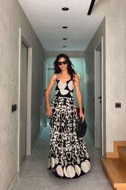 Desenli Maxi Elbise – Siyah