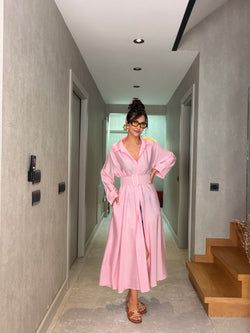 Çizgili İthal Maxi Elbise – Pembe
