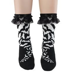 Black Ruffle Bat Print Ankle Socks