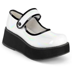 Classic Mary Janes – White  Holographic Patent - Black