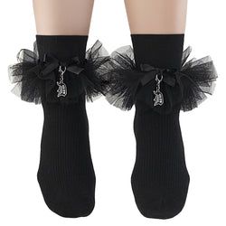 Black Ruffle "D" Charm Ankle Socks