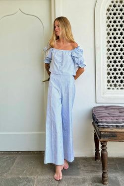 Olive pants – blue stripes