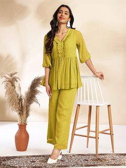 Sage Dobby Chiffon Woven Design Peplum Co-ord Set