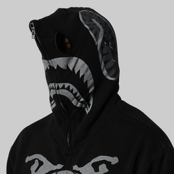 Skeleton Shark Heavy Washed Full Zip Hoodie - Black
