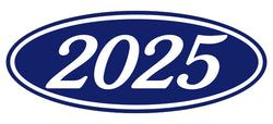 Option – Oval Year Window Sticker - 2025 WHITE on BLUE - Qty. 12