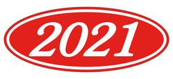 Option – Oval Year Window Sticker - 2021 WHITE on RED - Qty. 12