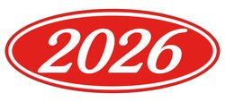 Option – Oval Year Window Sticker - 2026 WHITE on RED - Qty. 12
