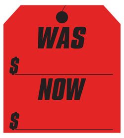 Window Sticker - Hang Tag - Red - Was/Now - 9 1/4" x 8 1/2" - Qty. 12