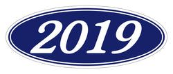 Option – Oval Year Window Sticker - 2019 WHITE on BLUE - Qty. 12