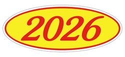 Option – Oval Year Window Sticker - 2026 RED on YELLOW - Qty. 12