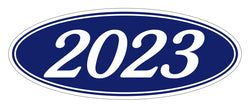 Option – Oval Year Window Sticker - 2023 WHITE on BLUE - Qty. 12