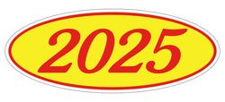 Option – Oval Year Window Sticker - 2025 RED on YELLOW - Qty. 12