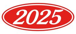 Option – Oval Year Window Sticker - 2025 WHITE on RED - Qty. 12