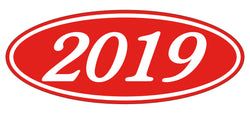 Option – Oval Year Window Sticker - 2019 WHITE on RED - Qty. 12