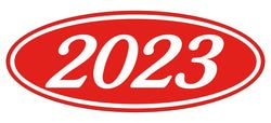 Option – Oval Year Window Sticker - 2023 WHITE on RED - Qty. 12