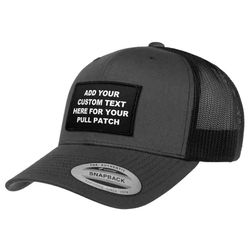 4 LINES CUSTOM TEXT + CURVED BILL TRUCKER HAT (CHARCOAL & BLACK)