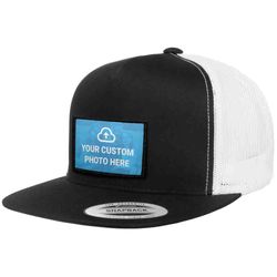 CUSTOM PHOTO + FLAT BILL TRUCKER HAT (BLACK & WHITE)